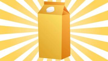 Yellow carton package of juice or milk on a background of yellow abstract sun rays. Video 4k, motion design