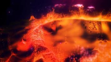 Abstract moving orange futuristic landscape of particles and dots of energetic magic with glow and blur effect, abstract background. Video 4k, motion design