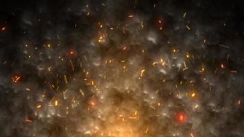 chispas de fuego naranja abstractas y humo de una hoguera con fuego, fondo abstracto. video 4k, diseño de movimiento