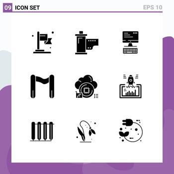 Group of 9 Solid Glyphs Signs and Symbols for chip cloud computer start finish Editable Vector Design Elements