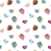 Simple hearts and strawberries seamless vector pattern. Valentines day background. Flat design endless chaotic texture made of tiny heart silhouettes. Shades of red.
