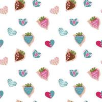 Simple hearts and strawberries seamless vector pattern. Valentines day background. Flat design endless chaotic texture made of tiny heart silhouettes. Shades of red.