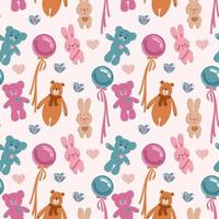 Cute pattern with soft toys and balls. Can be used for the design of fabric print, wrapping paper, or romantic greeting cards. vector