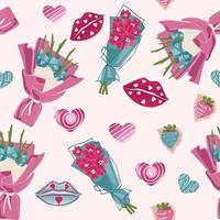 Valentine s Day seamless pattern. A print with bouquets of flowers, lips, hearts, and chocolate-covered strawberries. Can be used for the design of fabric print, wrapping paper vector
