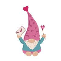 Cute Valentime Gnome with heart in red hat for Valentine s day cards, gifts, t-shirts, mugs, stickers, scrapbooking crafts and design. vector