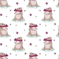 Seamless pattern with cute cartoon marmot and Happy Groundhog Day design elements on blue background. Flat vector illustration. For print, fabric, wrapping paper, wallpaper, poster and other design