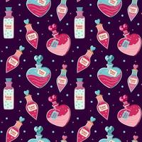 Love potion seamless pattern. Hand draw cartoon magic bottles. Witchcraft symbols texture. Halloween design. Perfect for wrap paper, wallpaper, background and seasonal textile. Vector illustration