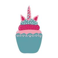 lindo cupcake de unicornio sobre un fondo blanco. unicake es un divertido juego de palabras unicornio y pastel. se puede usar para pegatinas, parches, fundas de teléfonos, afiches, camisetas, tazas y otros diseños. vector