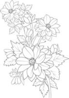 tatuaje de flor de dalia, dibujo vectorial en blanco y negro ilustración de adorno floral ramo de lirio dalia simplicidad, embellecimiento, elemento de diseño zentangle de tarjeta de impresión de páginas para colorear. vector