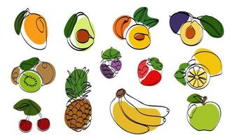 Continuous one line drawing fruits. Vector illustration. Black line art on white background with colorful spots. Set with cartoon fruits isolated on white background.  Vegan concept