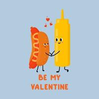 Cute Hot Dog and bottle of mustard falling in love. Love and Valentine's Day concept. Illustration isolated on blue background. vector