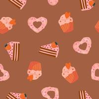 Seamless pattern with cartoon heart shaped donut, muffin, cake. Background for wrapping paper, textile, posters, cards. vector