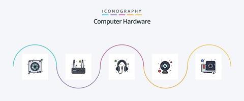 la línea de hardware de la computadora llenó el paquete de iconos planos 5 que incluye video. computadora. computadora. tarjeta. hardware vector