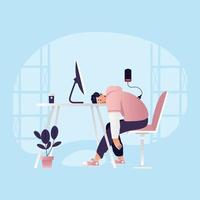 joven trabajando en casa. cansado y quemado autónomo, concepto de trabajo remoto. ilustración vectorial en estilo plano vector