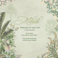 Invitation card for mehndi night. Watercolor grungy background with Mughal tropical tree, flowers, plants and leaves vector illustration.