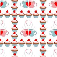 Vector seamless pattern. Cupcake. Love. Mugs with coffee.