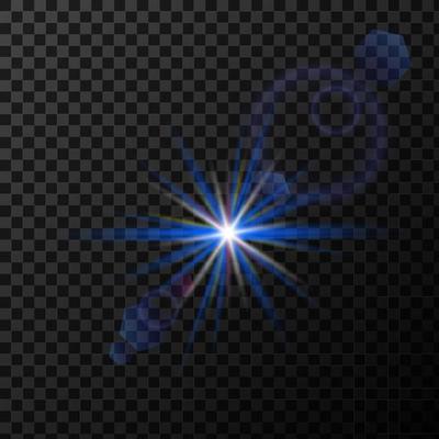 A blue, bright star flashes with luminous rays. Radiant blur with glare effect.