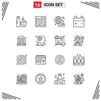 Set of 16 Modern UI Icons Symbols Signs for cart vehicles interface battery wifi Editable Vector Design Elements