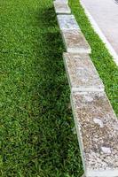 A view from above on rows of old white marble benches laid out on a verdant green lawn. photo