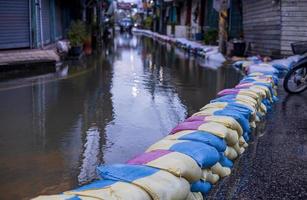 The sand is contained within a series of blue and yellow sacks that are stacked in long rows. photo