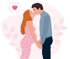 Vector illustration of a couple in love of a pregnant woman and her beloved man on a pink background with monochrome leaves and heart.Drawings for cards, postcards, greetings and posters.