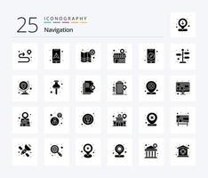 paquete de iconos de 25 glifos sólidos de navegación que incluye brújula. tienda. localización. localización. objetivo