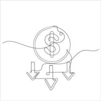 moneda de dibujo de línea continua con vector de ilustración de símbolo de flecha hacia abajo