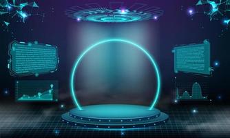 Abstract blue light effect background. Circle abstract digital technology UI futuristic HUD Virtual Interface. Stage futuristic podium in fog. Blank podium for show your product.