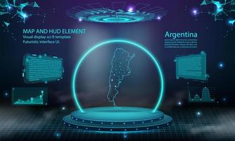 argentina map light connecting effect background. abstract digital technology UI, GUI, futuristic HUD Virtual Interface with argentina map. Stage futuristic podium in fog. vector