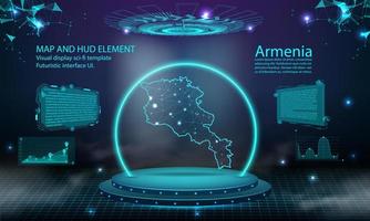 fondo de efecto de conexión de luz de mapa de armenia. tecnología digital abstracta ui, gui, interfaz virtual hud futurista con mapa de armenia. etapa podio futurista en la niebla. vector