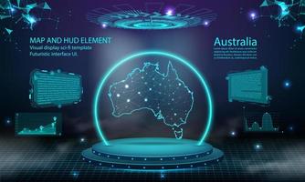 fondo de efecto de conexión de luz de mapa de australia. tecnología digital abstracta ui, gui, interfaz virtual hud futurista con mapa de australia. etapa podio futurista en la niebla.