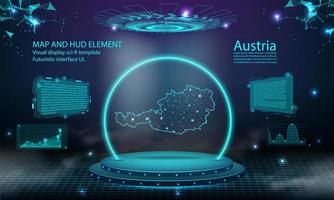 fondo de efecto de conexión de luz de mapa de austria. tecnología digital abstracta ui, gui, interfaz virtual hud futurista con mapa de austria. etapa podio futurista en la niebla. vector