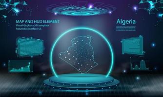 Fondo de efecto de conexión de luz de mapa de Argelia. tecnología digital abstracta ui, gui, interfaz virtual hud futurista con mapa de argelia. etapa podio futurista en la niebla. vector