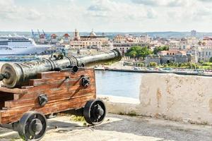 El Morro spanish fortress with cannon aimed to Havana city and liner docked in the port, Havana, Cuba photo