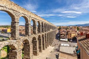 Roman aqueduct bridge and city panorama, Segovia, Spain