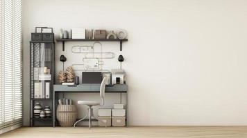 Modern workplace with comfortable modern working table and computer with working chair and large window. on wall white and wooden floor. 3D rendering photo