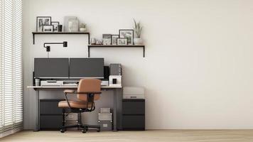 Modern workplace with comfortable modern working table and computer with working chair and large window. on wall white and wooden floor. 3D rendering photo