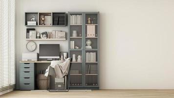 Modern workplace with comfortable modern working table and computer with working chair and large window. on wall white and wooden floor. 3D rendering photo