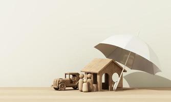 Model of a wooden house and a car with a white umbrella covered in the concept of real estate insurance and family financial future planning On a white background, cartoon style. 3D rendering. photo