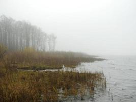 cold fog on the shore of the lake morning autumn landscape, white shroud photo