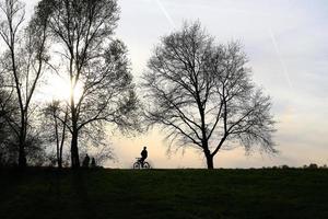 silueta de personas montando en bicicleta en un camino rural al atardecer a lo largo del río danubio en regensburg, alemania, europa. foto
