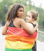 Two lesbian people friendship with rainbow pride flag. Cheerful gay person having fun together with equality respect to love and freedom lifestyle. Diversity of young homosexual couple, LGBTQ rights.