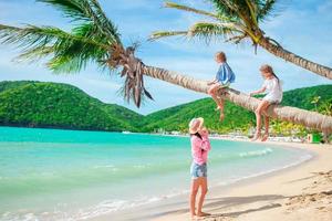 Mom and kids on palmtree on caribbean beach photo