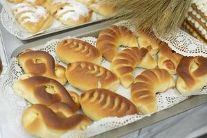 Pies for tea. Delicious food. Flour product. Pastries on table. photo