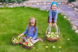 dos niñas felices con gran cosecha otoñal de tomates en cestas foto