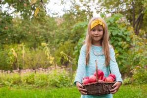 Little girl with basket of apples in sunny autumn day photo