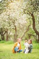 Little smiling girls playing with puppy in the park photo