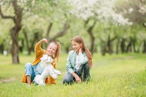 niñas sonrientes jugando y abrazando a un cachorro en el parque foto