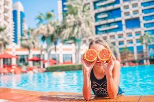 Little girl covering eyes with orange halves near eyes on background swimming pool