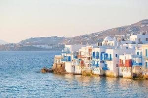 Little Venice the most popular attraction in Mykonos Island in soft evening light on Greece, Cyclades photo